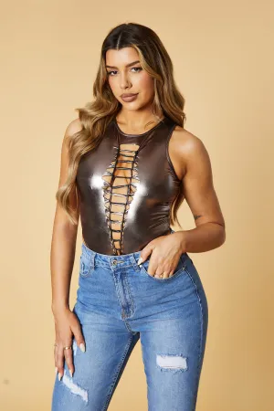Brown Metallic Knot Detail Sleeveless Bodysuit -- Nagisa