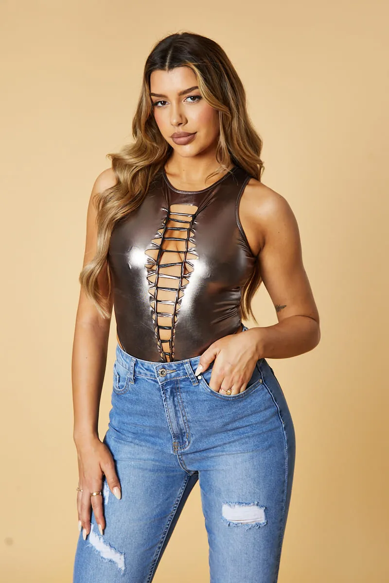 Brown Metallic Knot Detail Sleeveless Bodysuit -- Nagisa