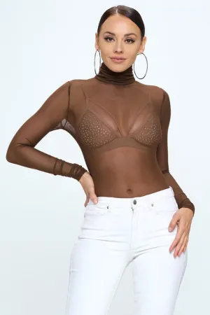 CHOCOLATE BROWN MESH BODYSUIT WITH MOCK TURTLENECK
