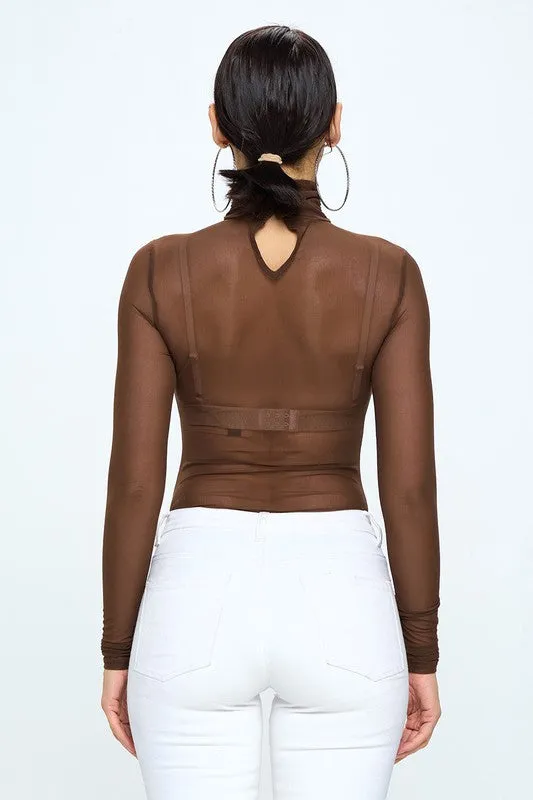 CHOCOLATE BROWN MESH BODYSUIT WITH MOCK TURTLENECK