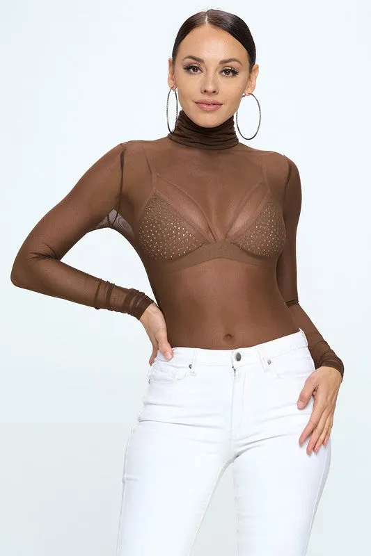 CHOCOLATE BROWN MESH BODYSUIT WITH MOCK TURTLENECK