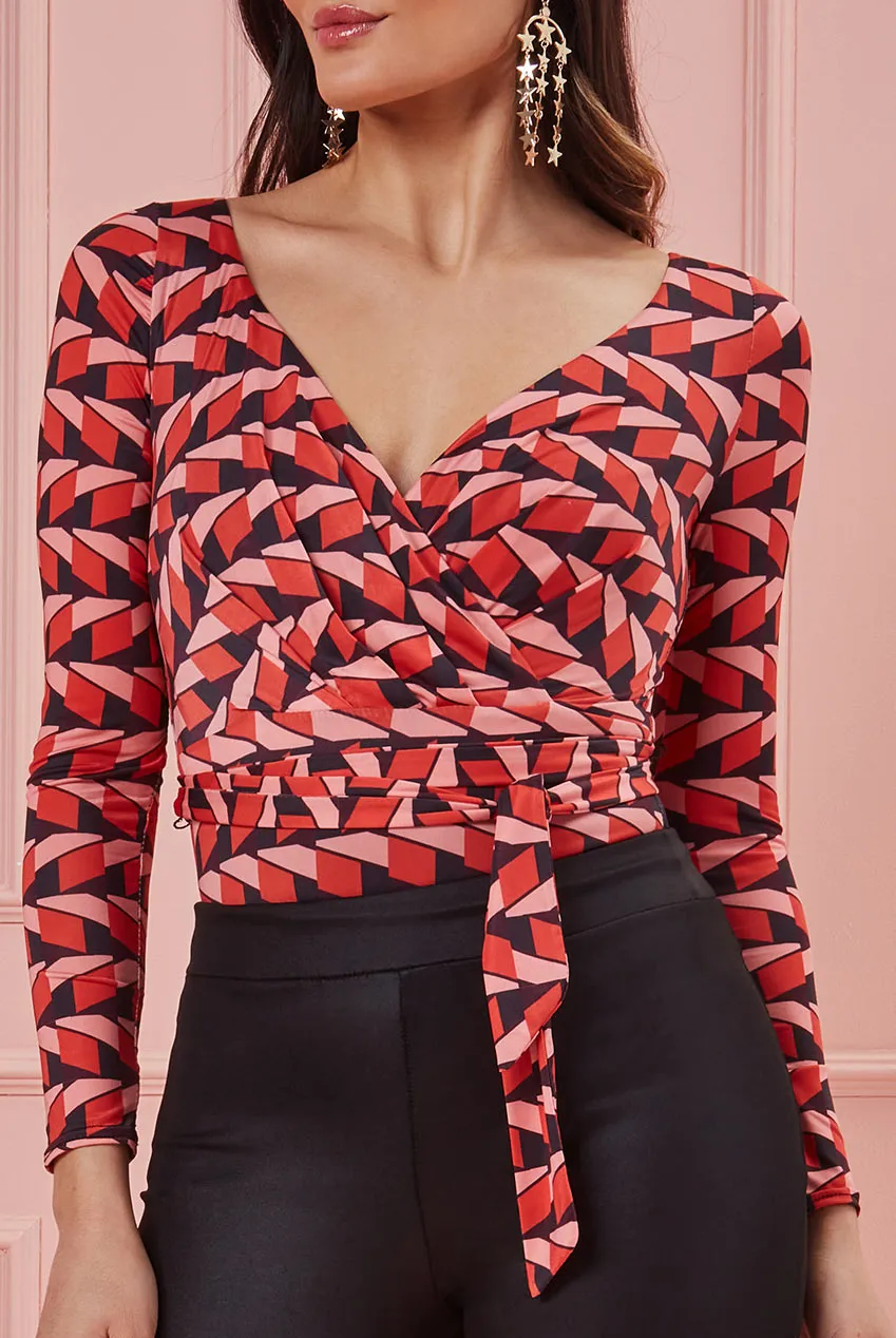City Goddess Geoprint Long Sleeve Wrap Bodysuit