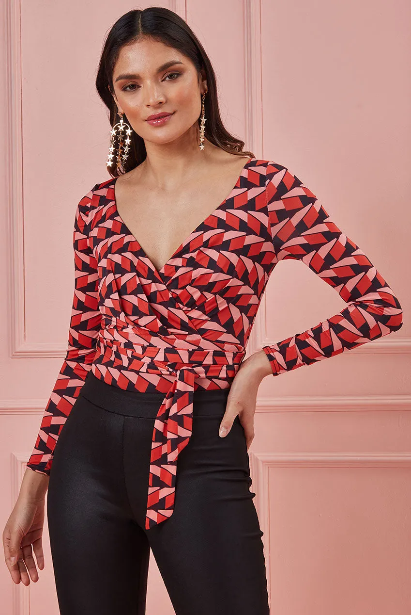 City Goddess Geoprint Long Sleeve Wrap Bodysuit