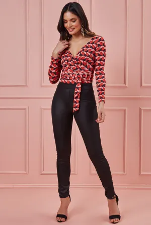 City Goddess Geoprint Long Sleeve Wrap Bodysuit