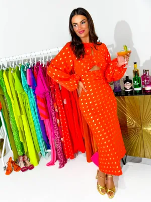 Cut Them Out - Coral Gold Foil Spot Midi Dress