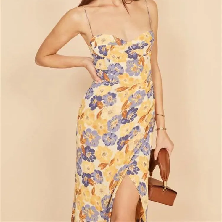 Fauve Floral Satin Cowl Neck Midi Dress - Yellow