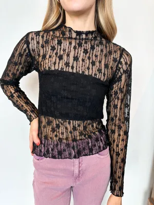 Floral Mesh Layering Top - Black