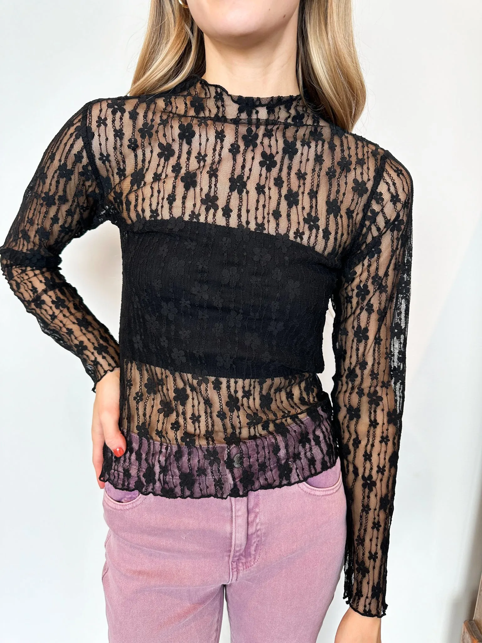 Floral Mesh Layering Top - Black