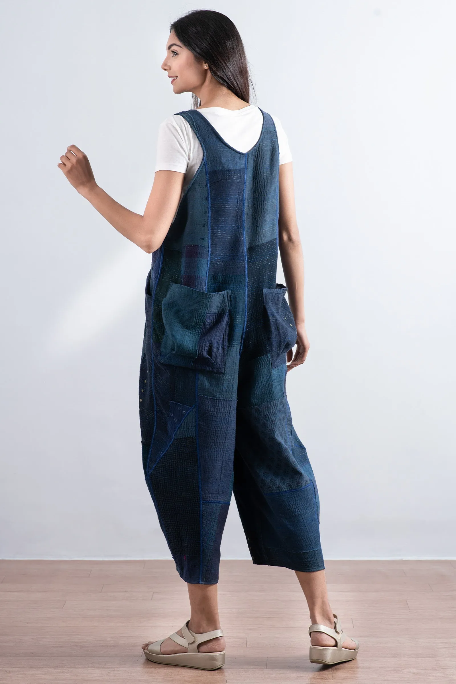 FRAYED PATCH KANTHA V-NECK JUMPER - fi2622-nvy -