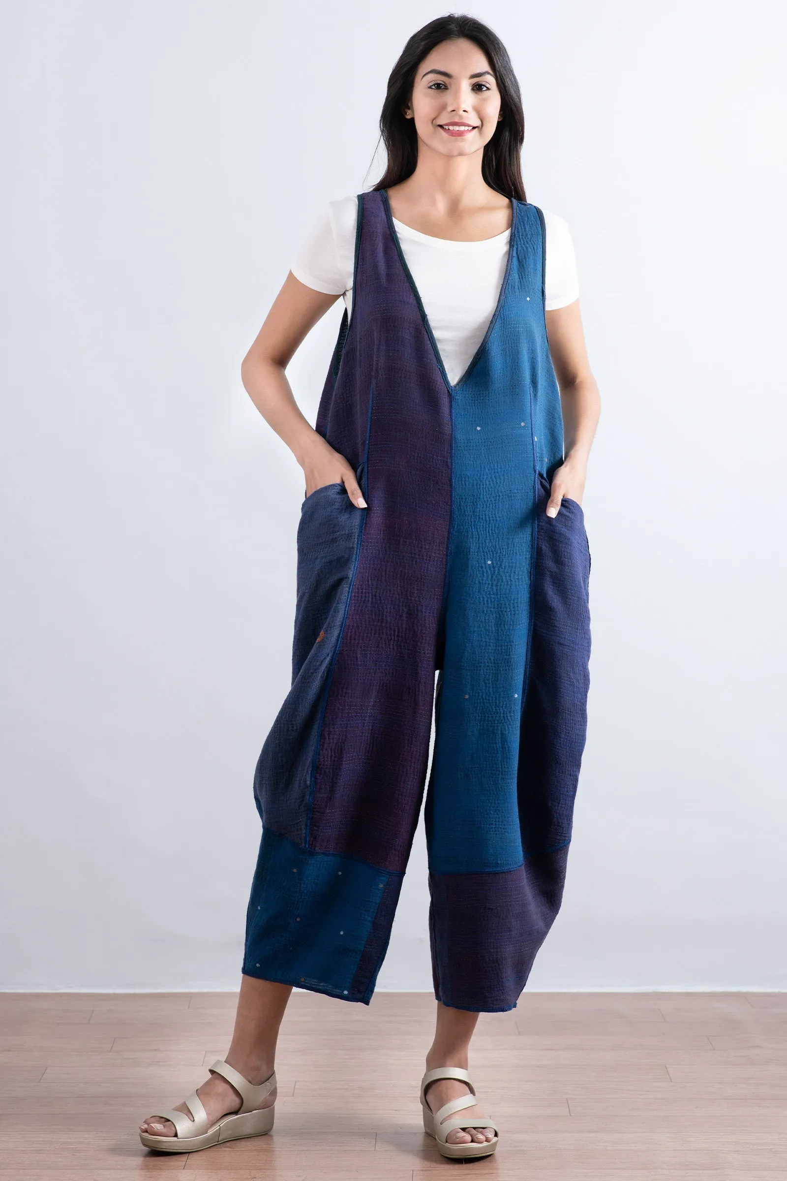 FRAYED PATCH KANTHA V-NECK JUMPER - fi2622-nvy -