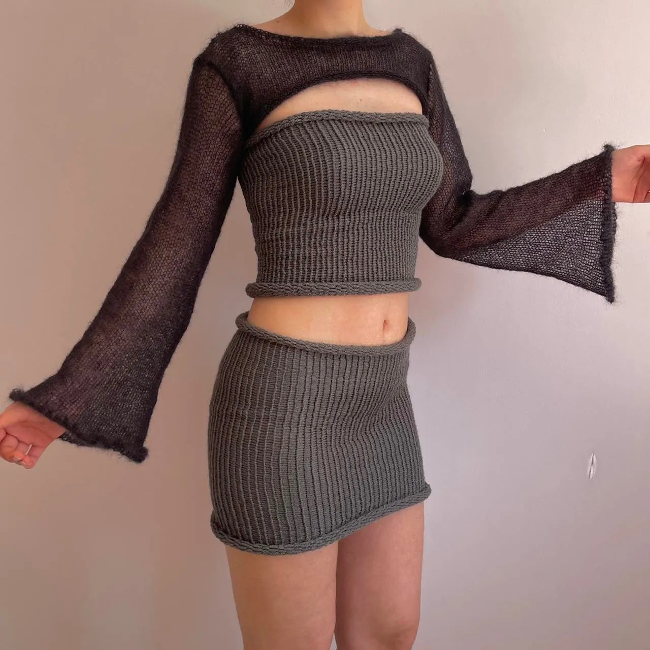 Handmade knitted ultra cropped mohair jumper / bolero in black