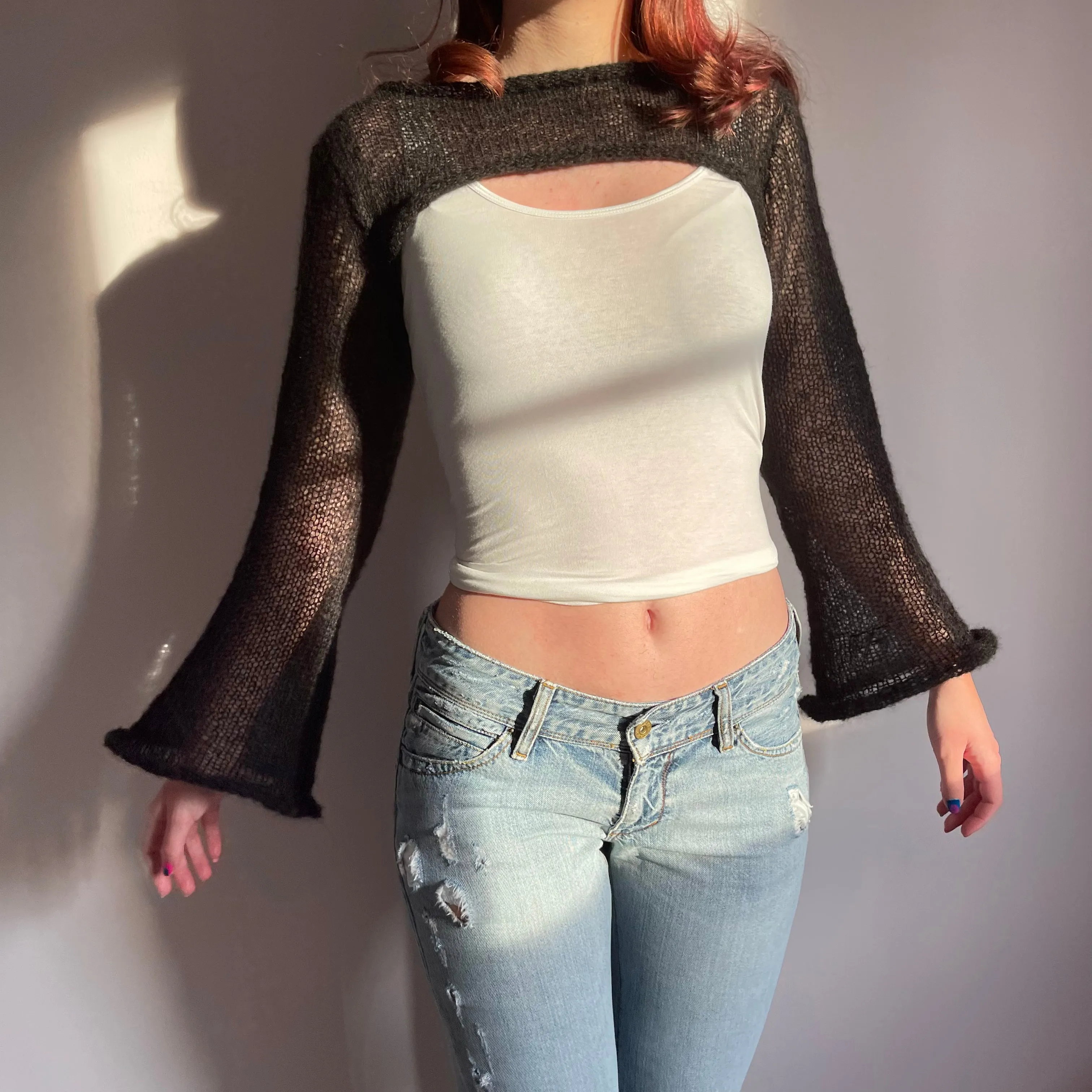 Handmade knitted ultra cropped mohair jumper / bolero in black