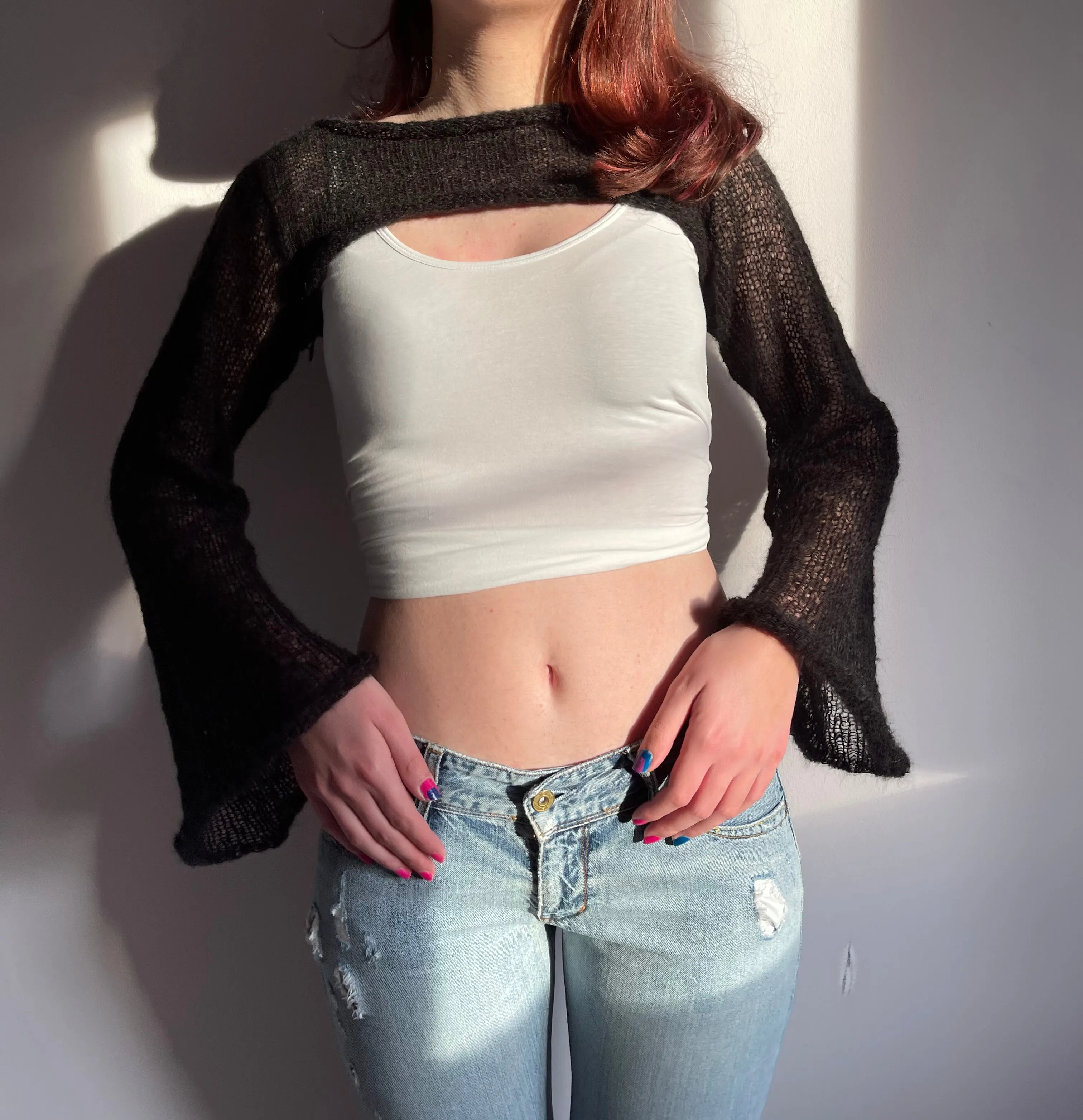 Handmade knitted ultra cropped mohair jumper / bolero in black