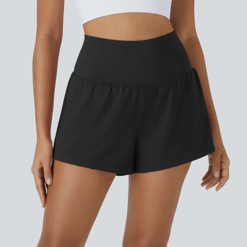 High Rise Stretch Shorts - 2 In 1 Hidden Pockets And Quick Dry