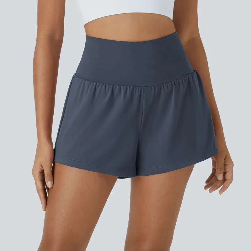 High Rise Stretch Shorts - 2 In 1 Hidden Pockets And Quick Dry
