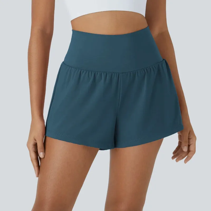 High Rise Stretch Shorts - 2 In 1 Hidden Pockets And Quick Dry