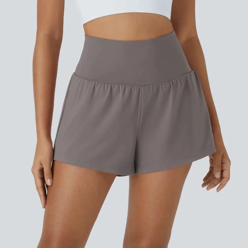 High Rise Stretch Shorts - 2 In 1 Hidden Pockets And Quick Dry