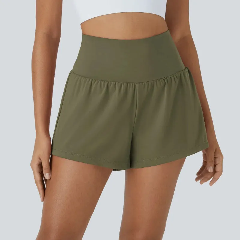 High Rise Stretch Shorts - 2 In 1 Hidden Pockets And Quick Dry