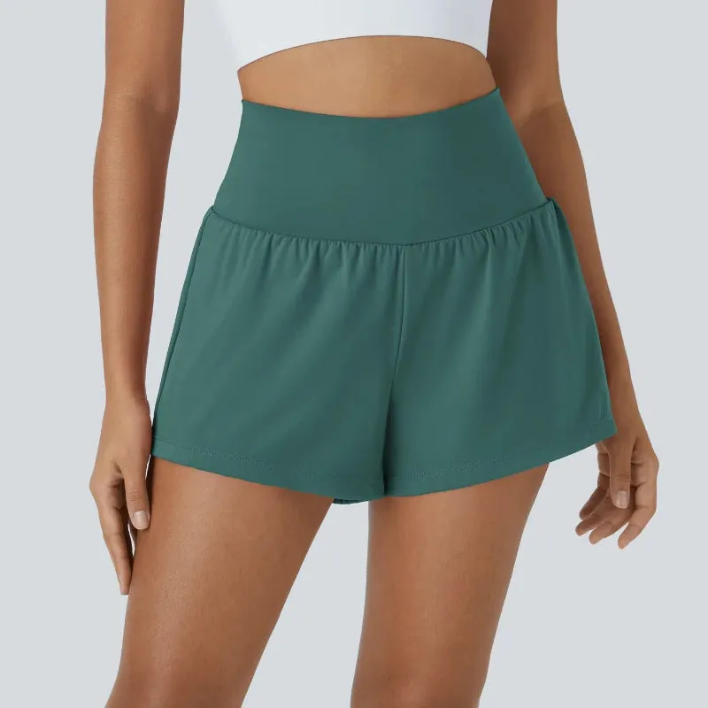 High Rise Stretch Shorts - 2 In 1 Hidden Pockets And Quick Dry