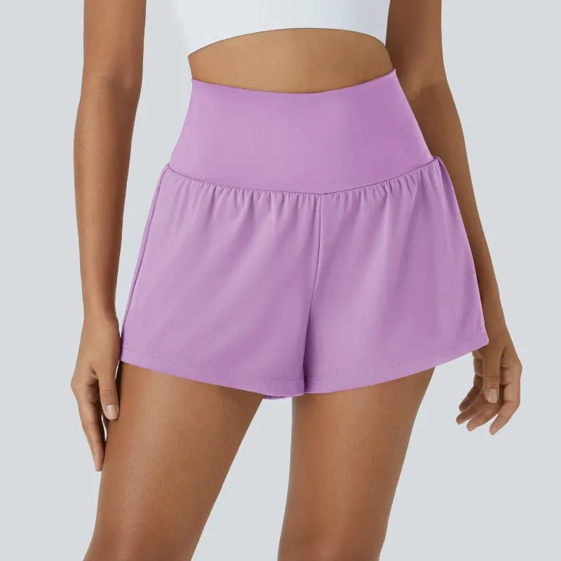 High Rise Stretch Shorts - 2 In 1 Hidden Pockets And Quick Dry
