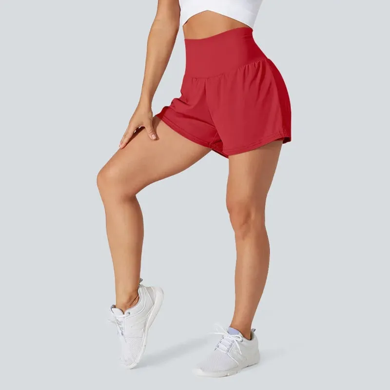 High Rise Stretch Shorts - 2 In 1 Hidden Pockets And Quick Dry