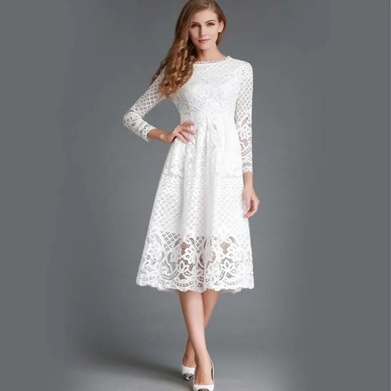 Hollow Out Elegant White Lace Elegant Party Dress
