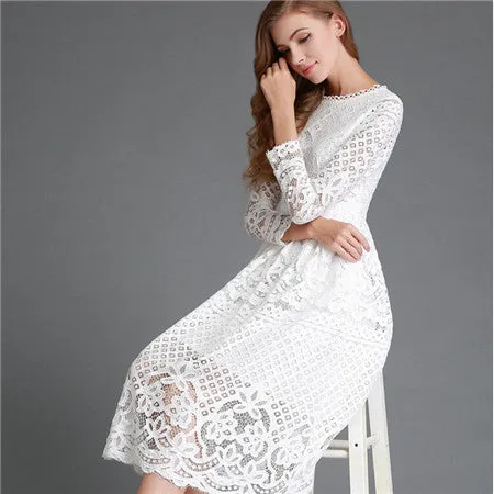 Hollow Out Elegant White Lace Elegant Party Dress