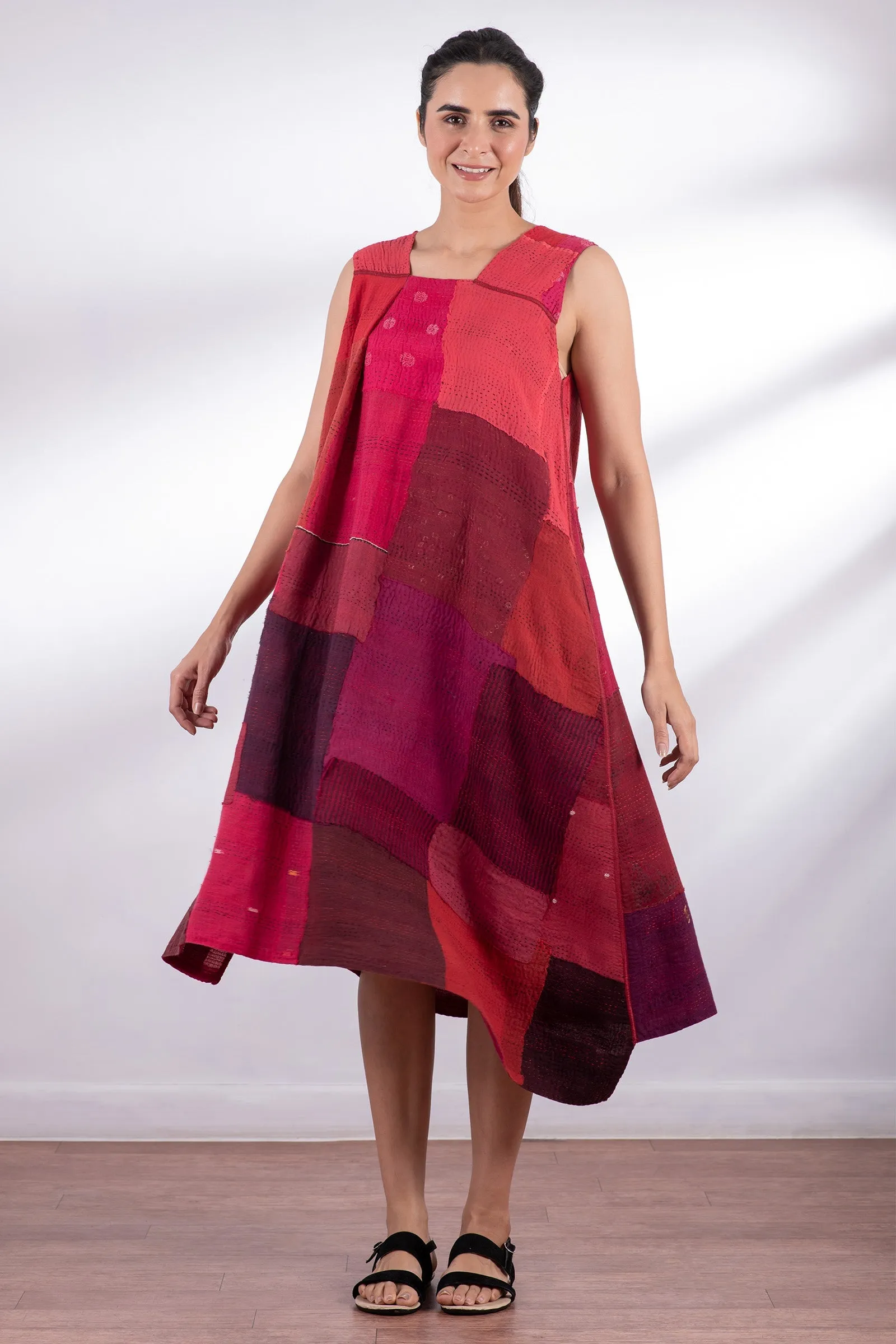 LANDSCAPE FRAYED PATCH KANTHA JUMPER DRESS - lf2414-red -