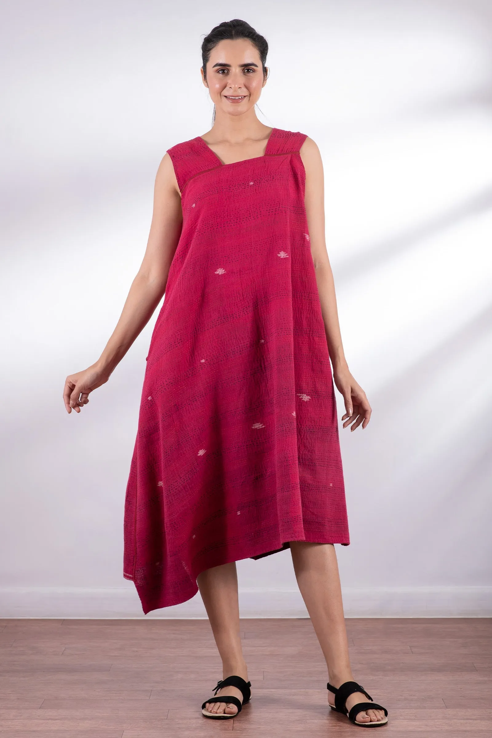 LANDSCAPE FRAYED PATCH KANTHA JUMPER DRESS - lf2414-red -