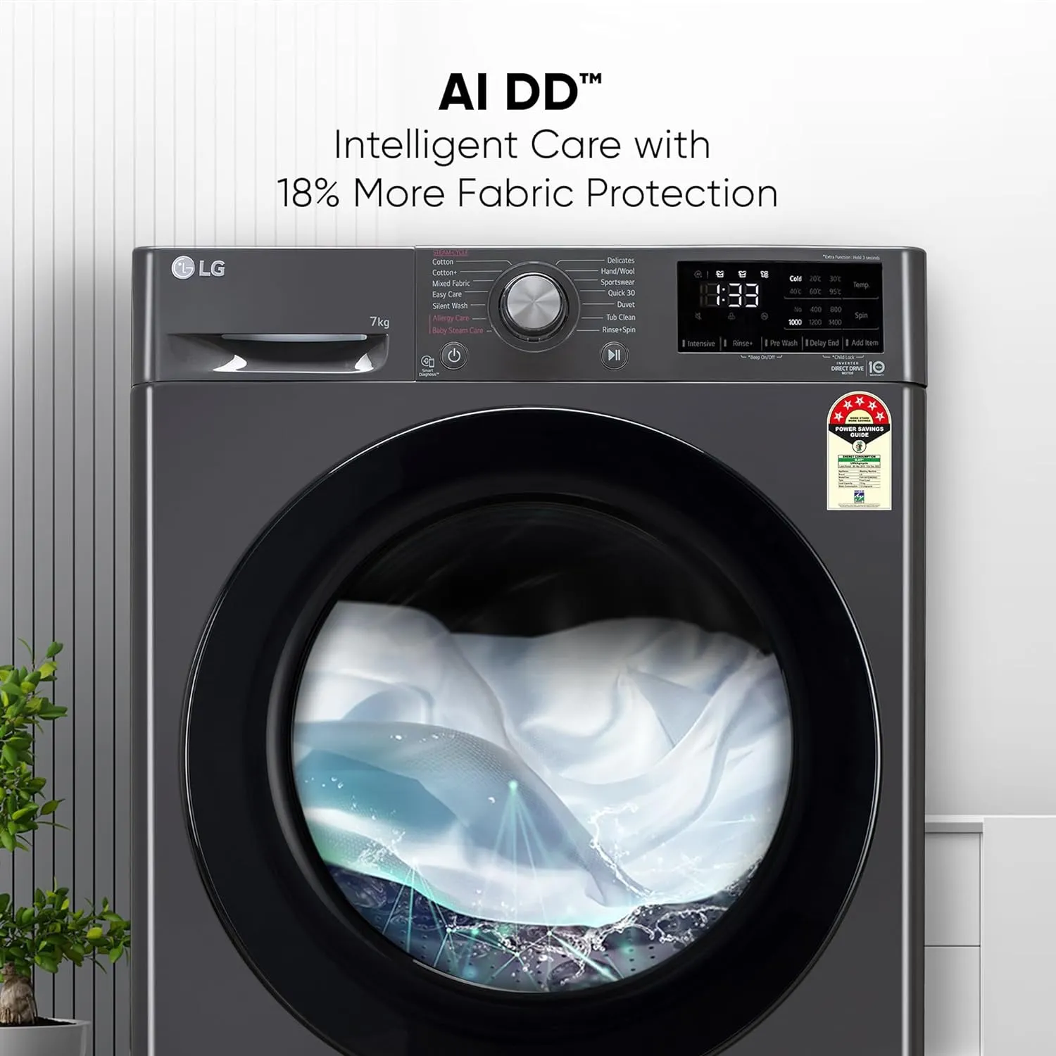 LG FHV1207Z2M 7 Kg 5 Star AI Direct Drive Fully-Automatic Front Loading Washing Machine (Middle Black, Steam for Hygiene Wash)