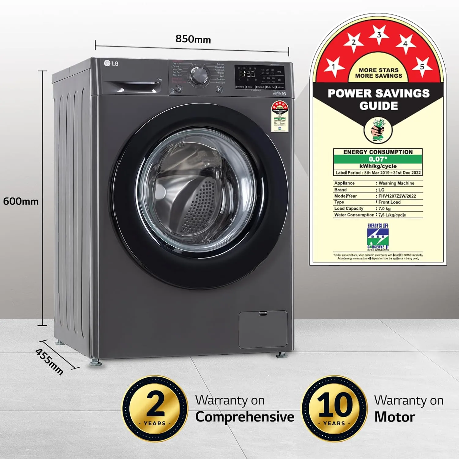 LG FHV1207Z2M 7 Kg 5 Star AI Direct Drive Fully-Automatic Front Loading Washing Machine (Middle Black, Steam for Hygiene Wash)