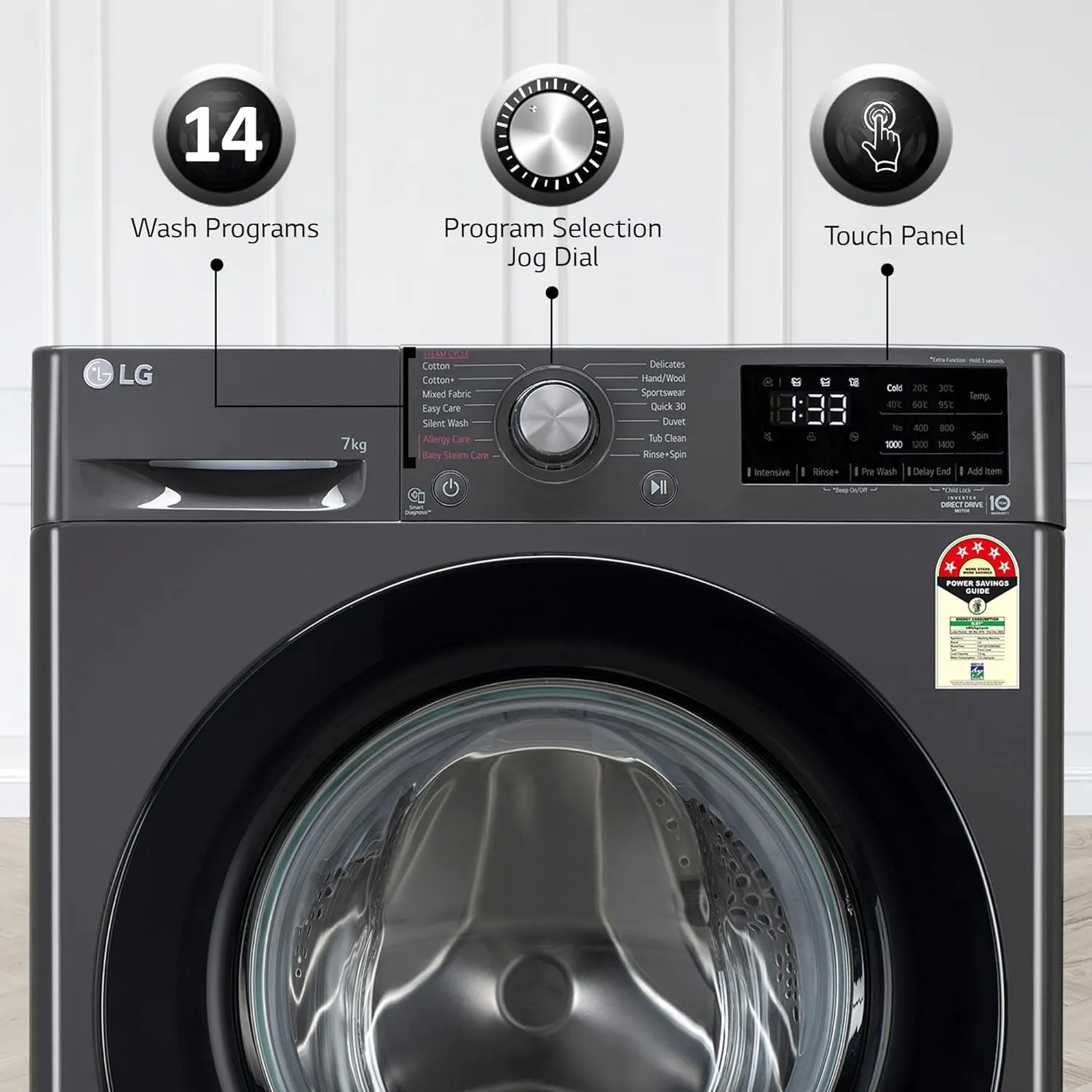 LG FHV1207Z2M 7 Kg 5 Star AI Direct Drive Fully-Automatic Front Loading Washing Machine (Middle Black, Steam for Hygiene Wash)
