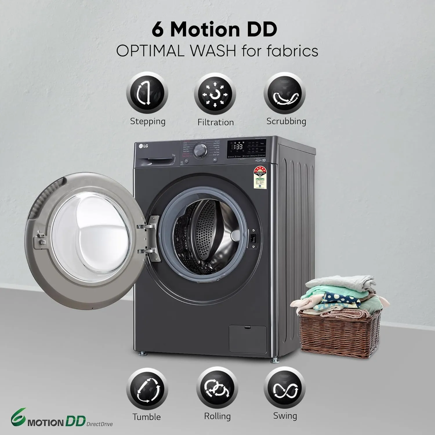 LG FHV1207Z2M 7 Kg 5 Star AI Direct Drive Fully-Automatic Front Loading Washing Machine (Middle Black, Steam for Hygiene Wash)