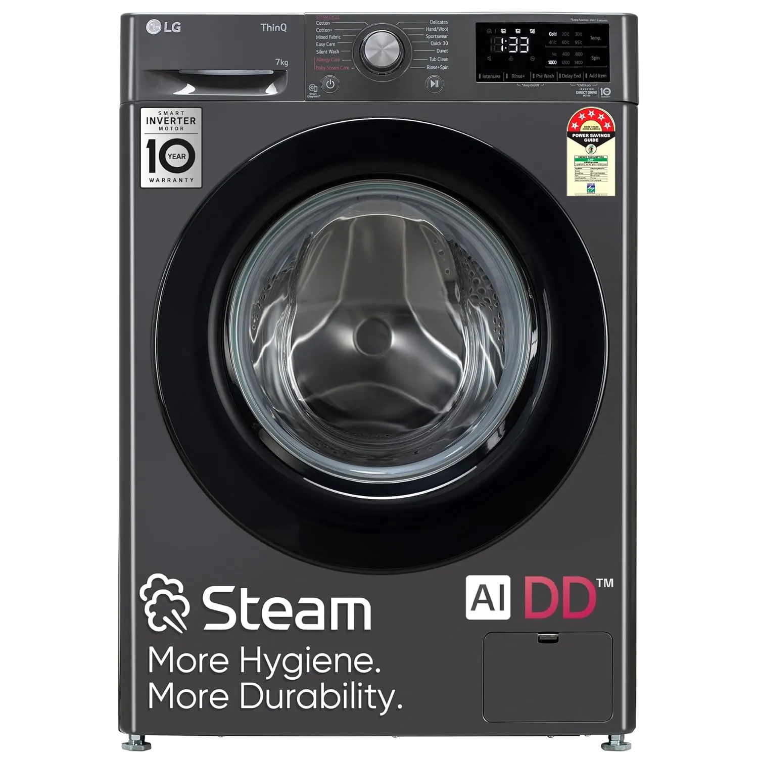 LG FHV1207Z2M 7 Kg 5 Star AI Direct Drive Fully-Automatic Front Loading Washing Machine (Middle Black, Steam for Hygiene Wash)