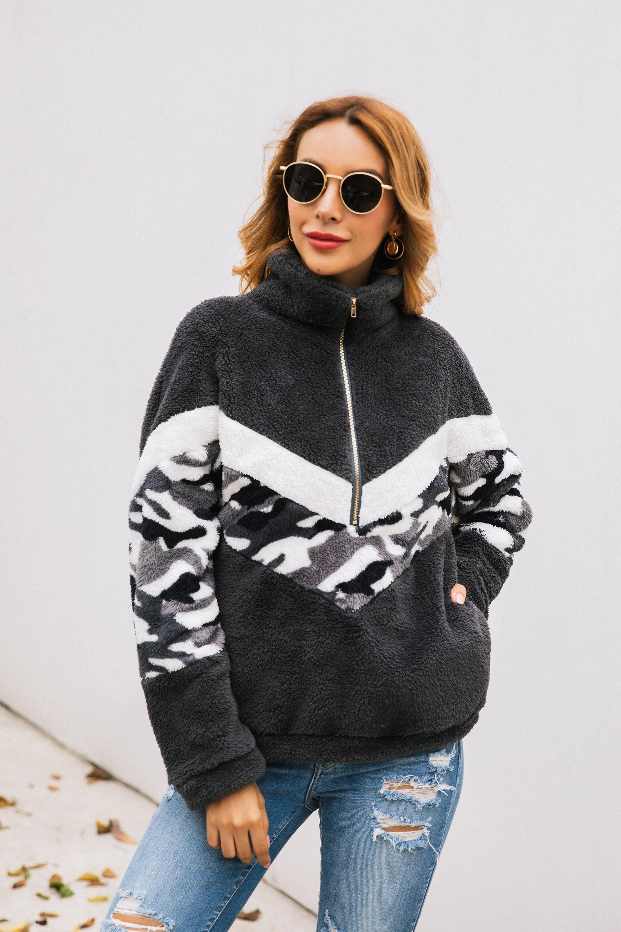 Long Sleeve Zipper Sherpa Sweatshirt Pullover