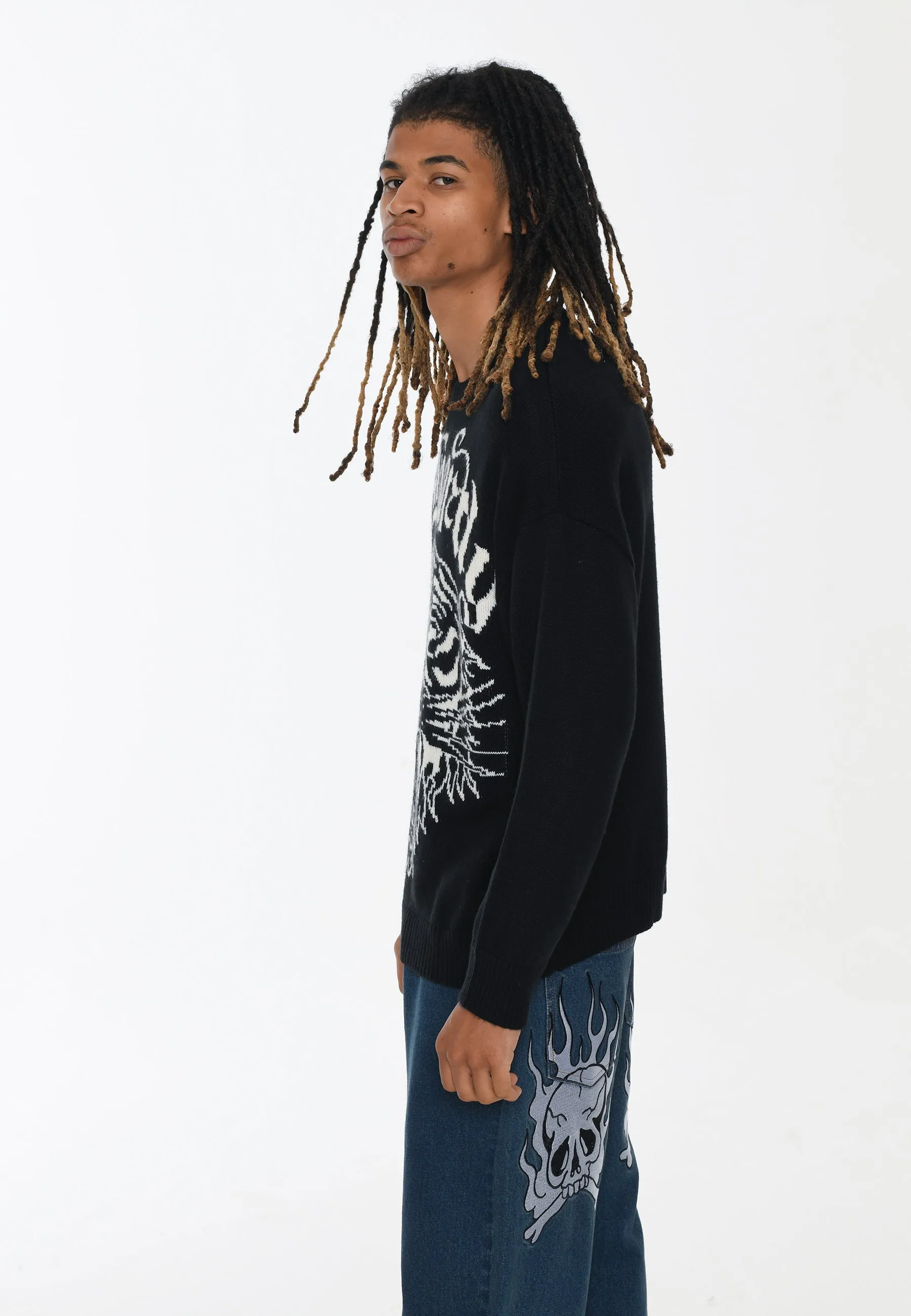Mens Tiger-Roar Jaquard Knitted Jumper - Black/Off White