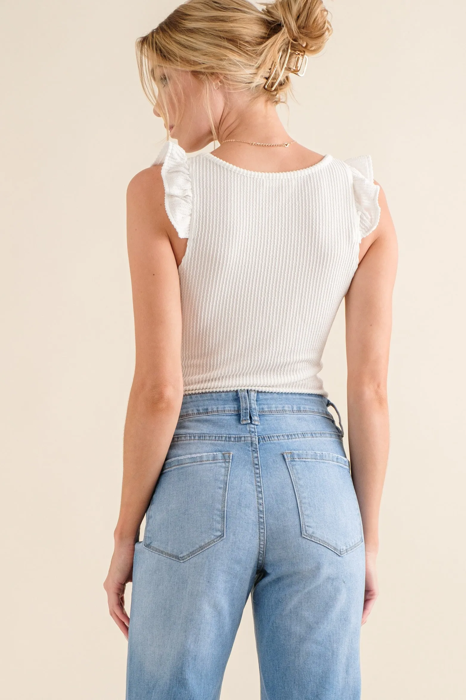 Ribbed Ruffle Sleeve Bodysuit - Off White