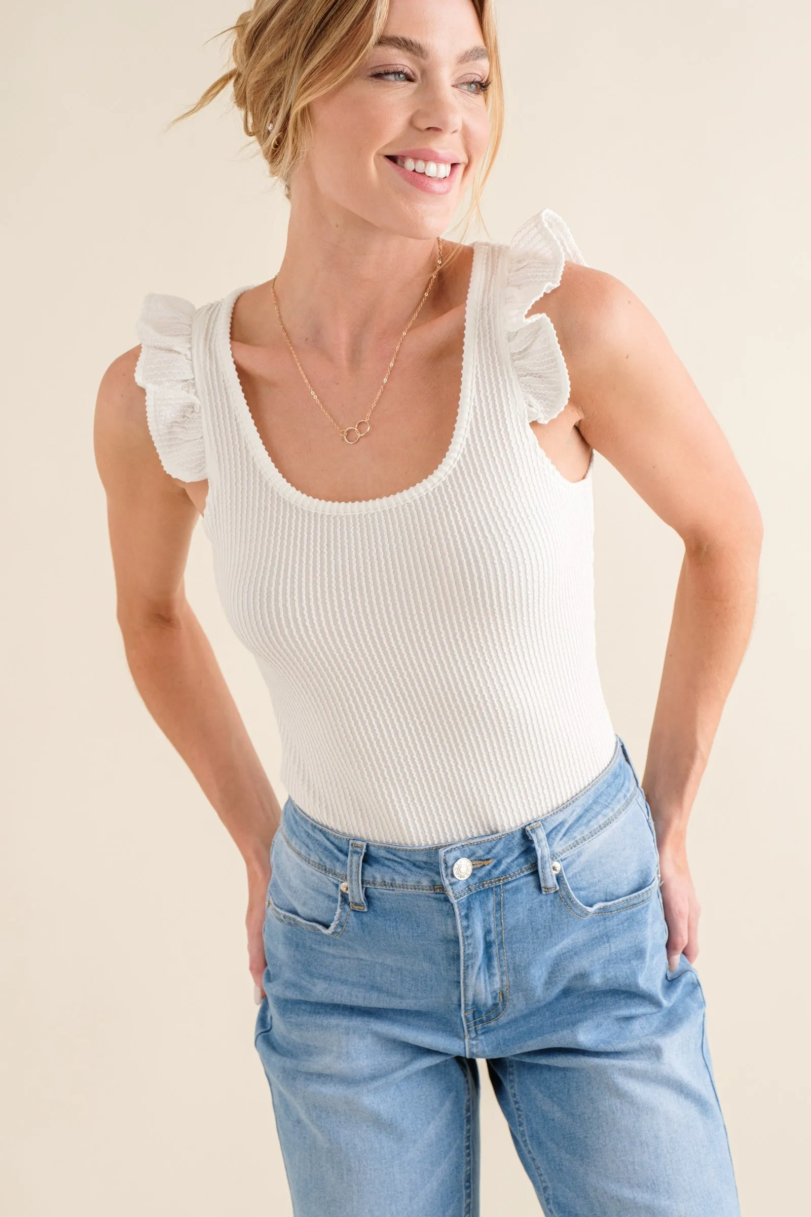 Ribbed Ruffle Sleeve Bodysuit - Off White