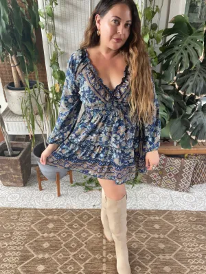 Short boho silk tiered dress w/ balloon sleeves (navy) Short boho silk tiered dress w/ balloon sleeves (navy)