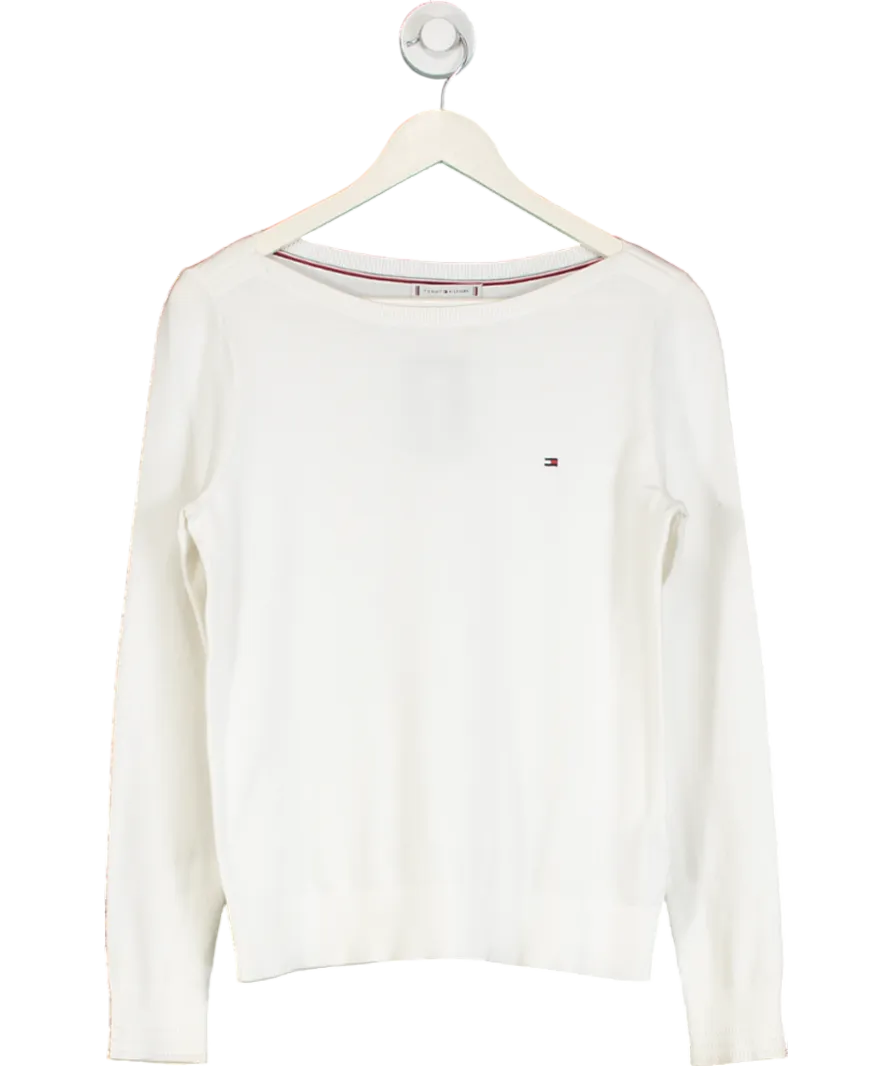 Tommy Hilfiger White Cotton Blend Fine Knit Flag Embroidery Jumper UK S