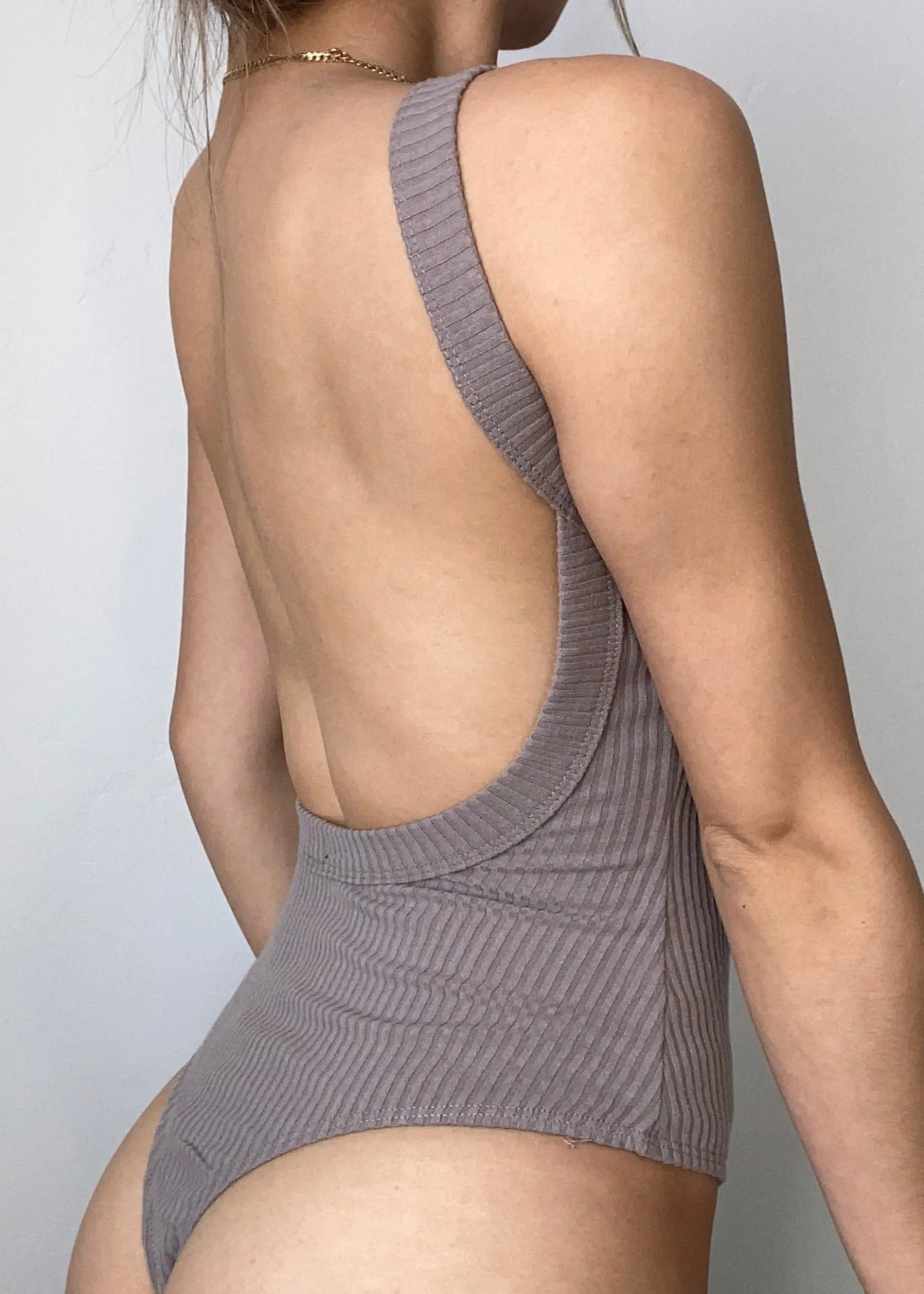 Trenton Open Back Knit Ribbed Bodysuit Mauve