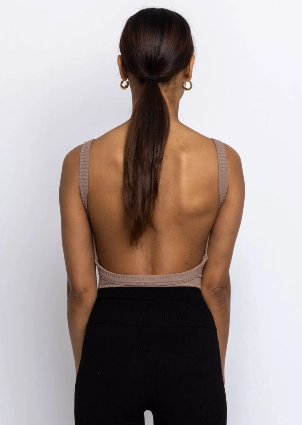 Trenton Open Back Knit Ribbed Bodysuit Mauve