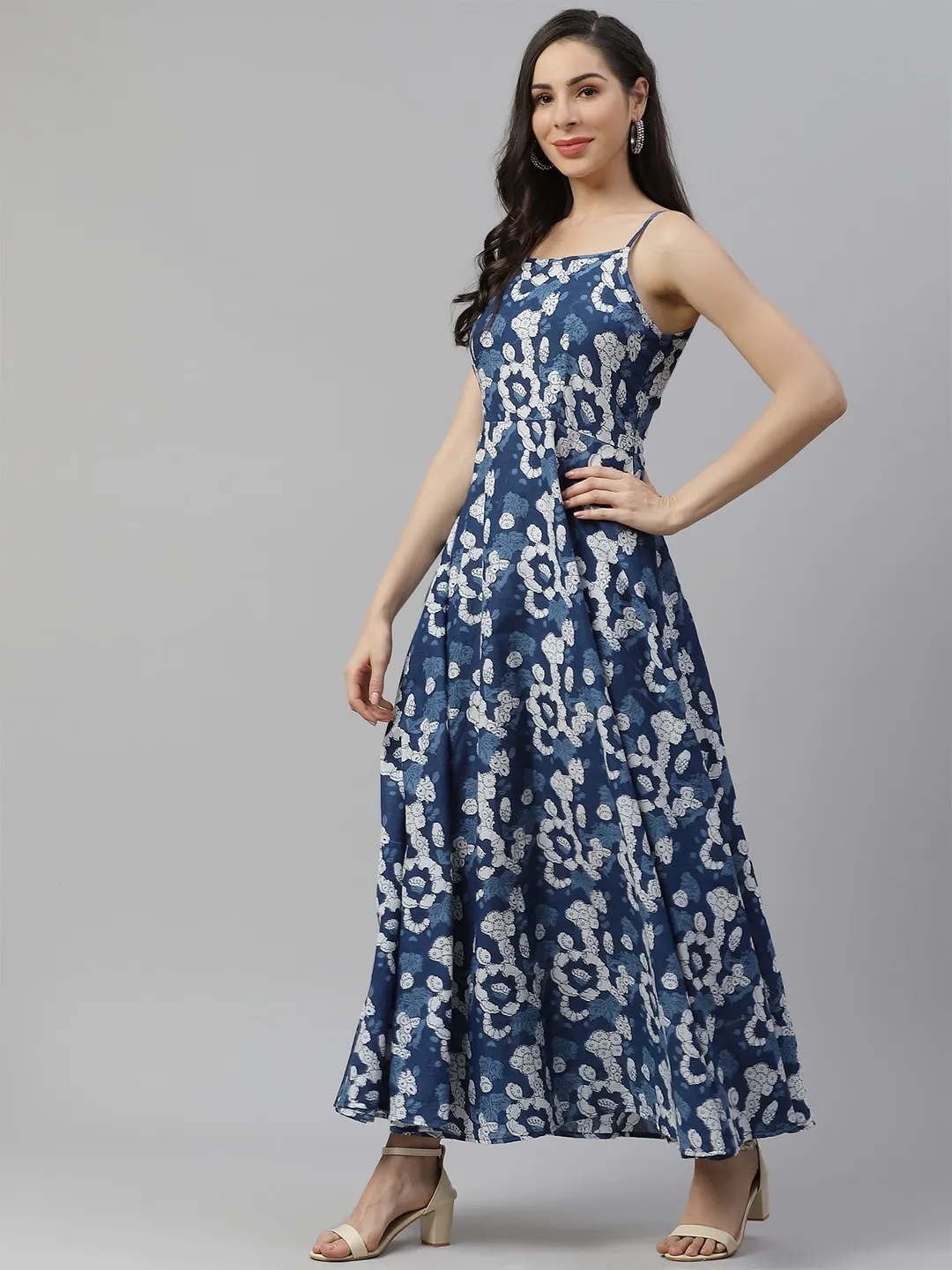 Women'S Indigo Print Cotton Long Dress